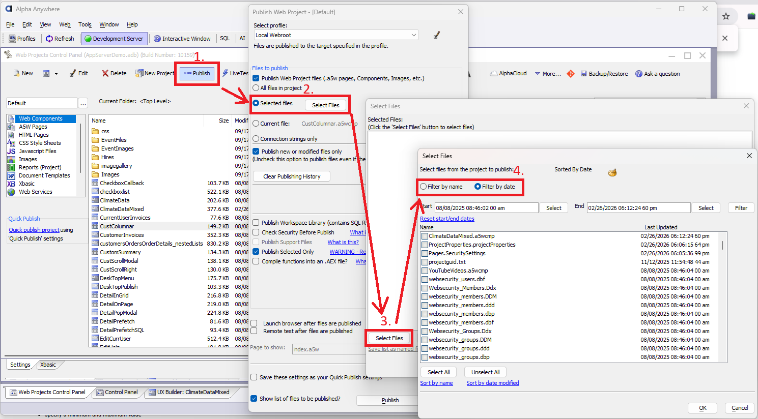 Dialogs and steps to publish files by date